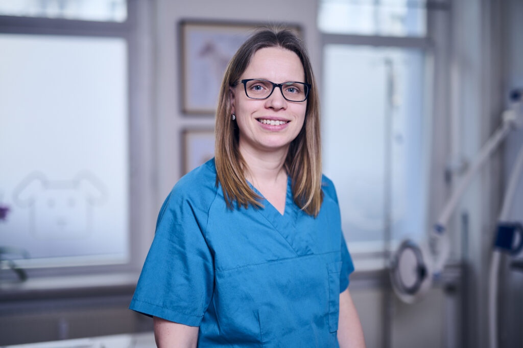 Porträt einer Mitarbeiterin einer Tierarztpraxis in blauer Arbeitskleidung und Brille, lächelnd in einem Behandlungsraum.