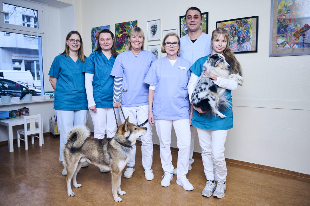 Teamfoto einer Tierarztpraxis mit mehreren Mitarbeitenden in Arbeitskleidung sowie zwei Hunden in einem hellen Innenraum.