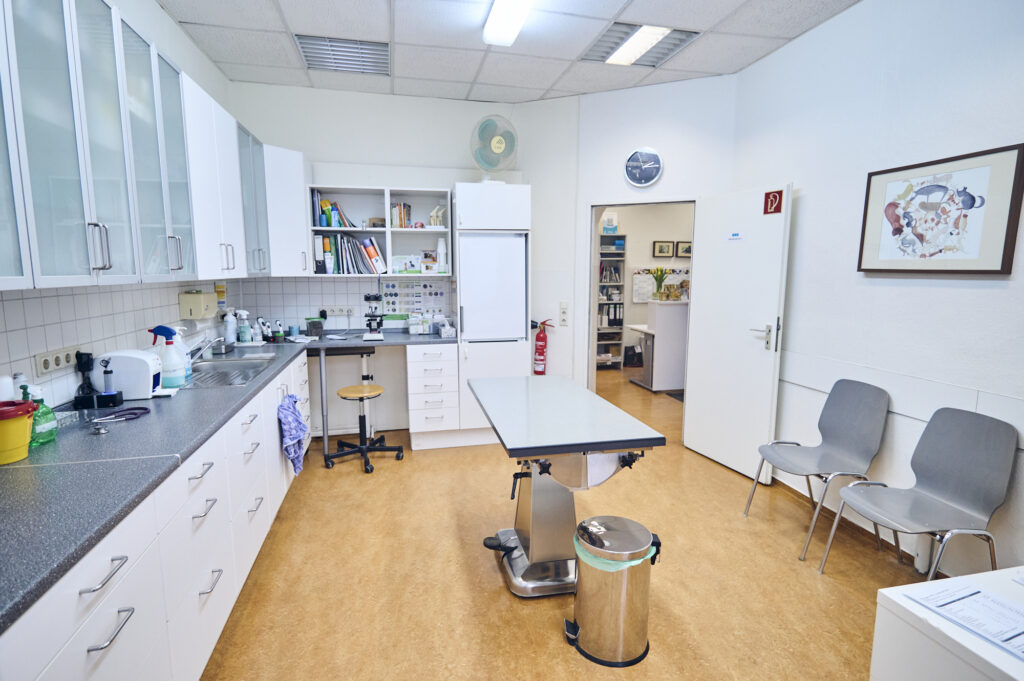 Behandlungszimmer einer Tierarztpraxis mit Untersuchungstisch, Waschbereich, Schränken und Sitzmöglichkeiten für Tierhalter.